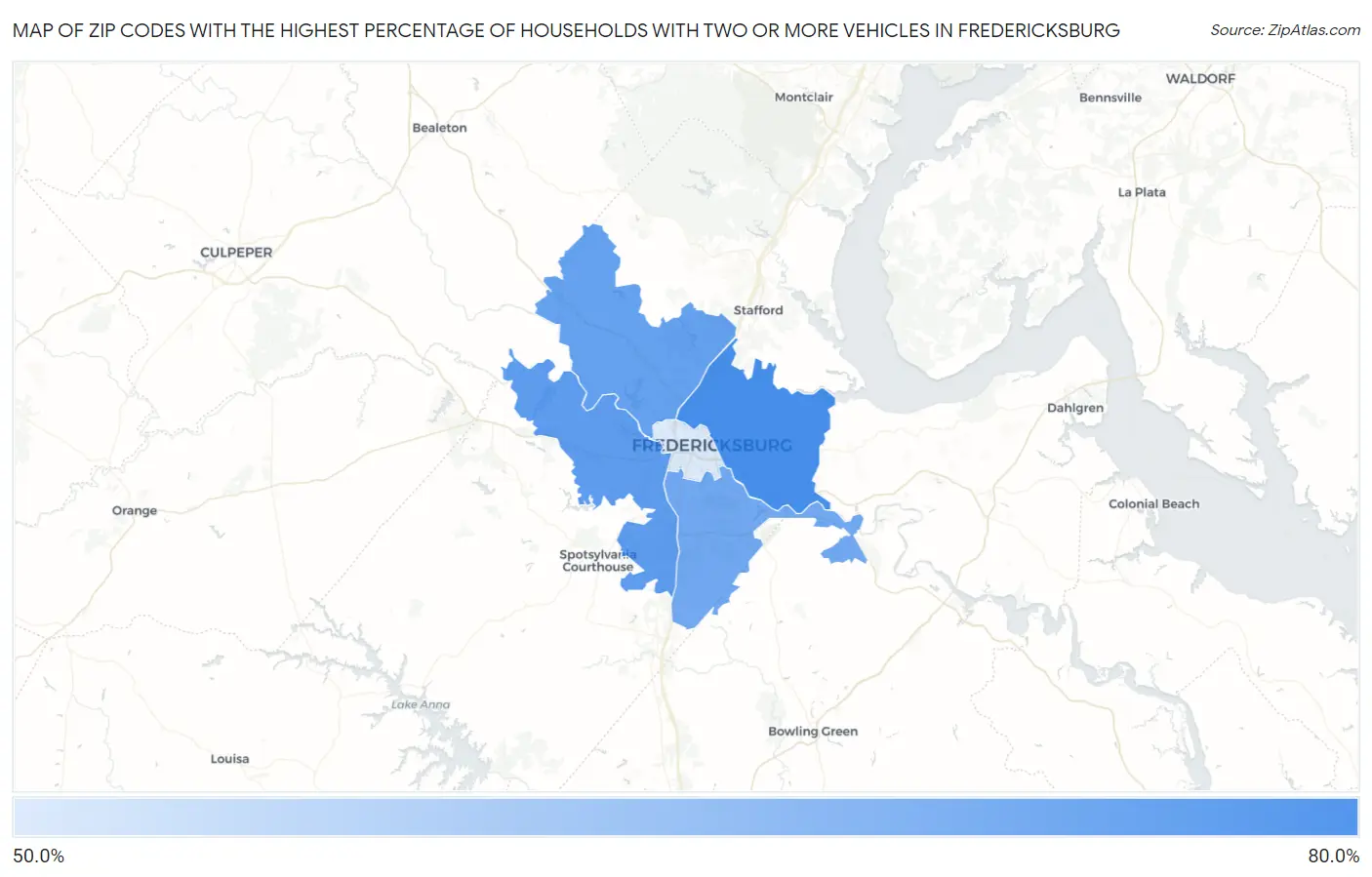 Zip Codes with the Highest Percentage of Households With Two or more Vehicles in Fredericksburg Map