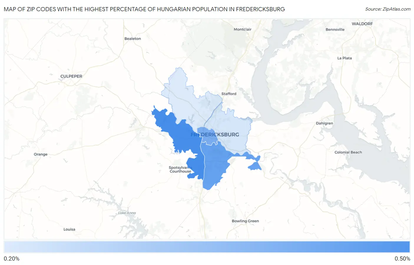 Zip Codes with the Highest Percentage of Hungarian Population in Fredericksburg Map