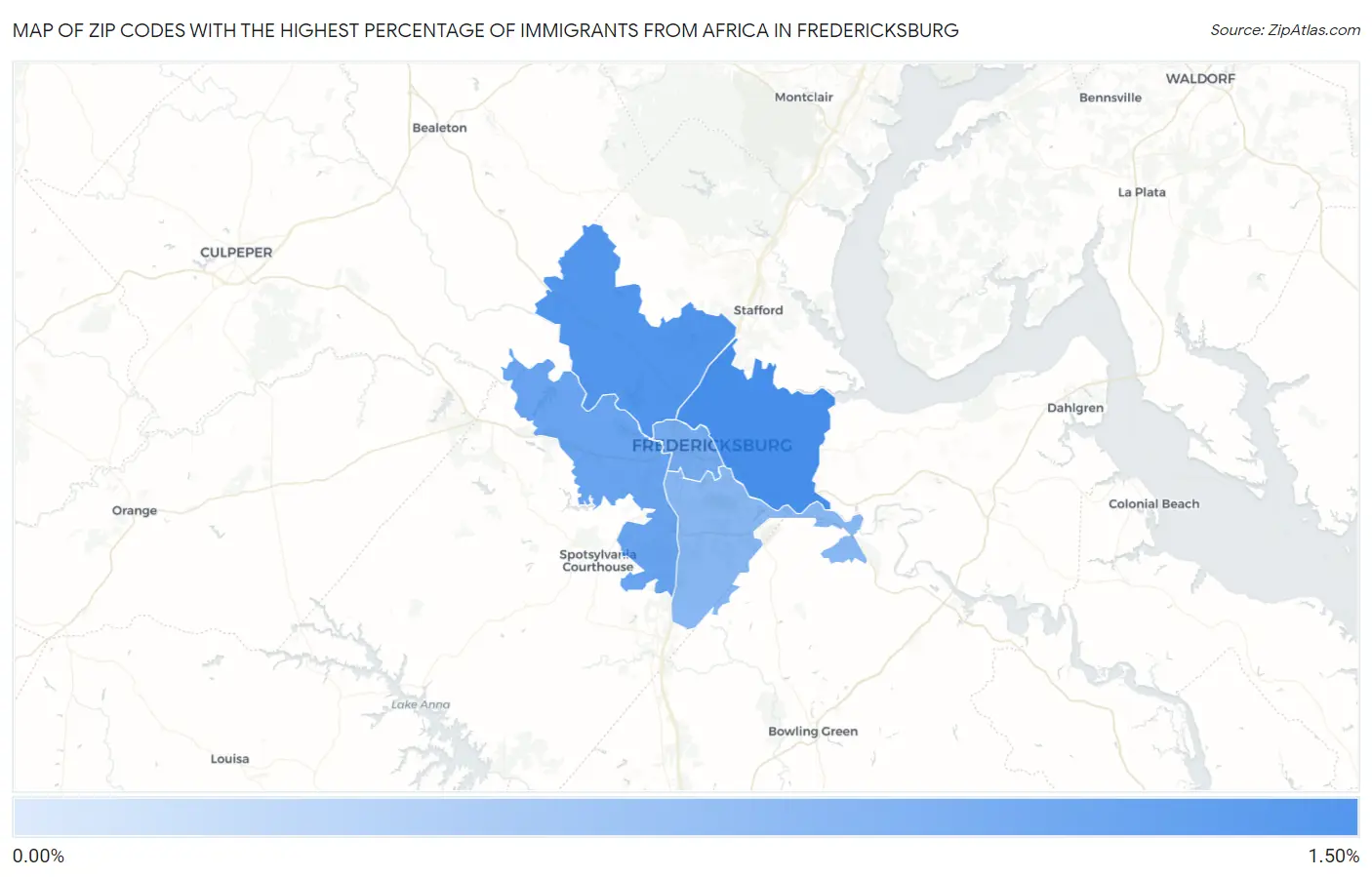 Zip Codes with the Highest Percentage of Immigrants from Africa in Fredericksburg Map
