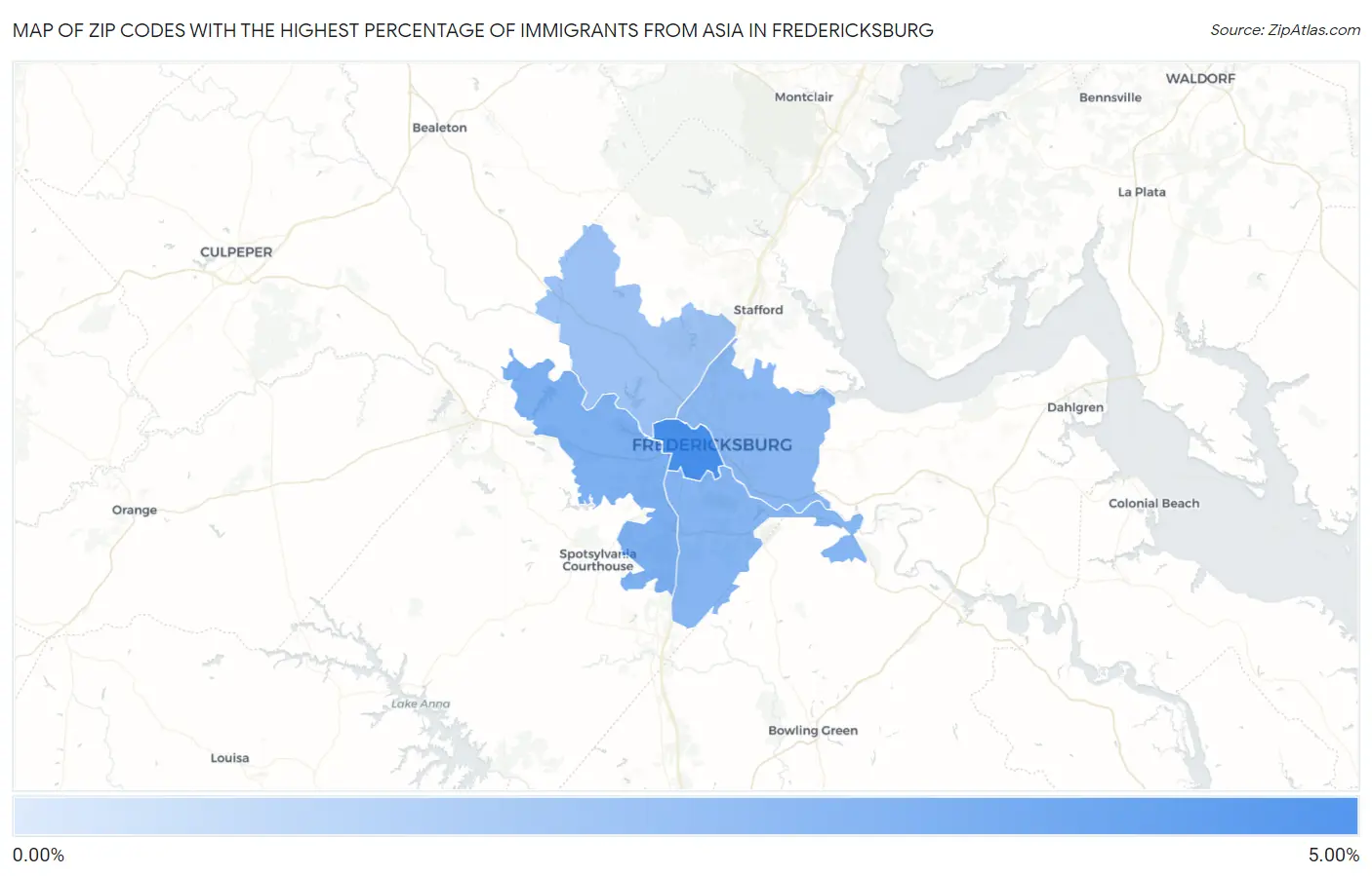 Zip Codes with the Highest Percentage of Immigrants from Asia in Fredericksburg Map