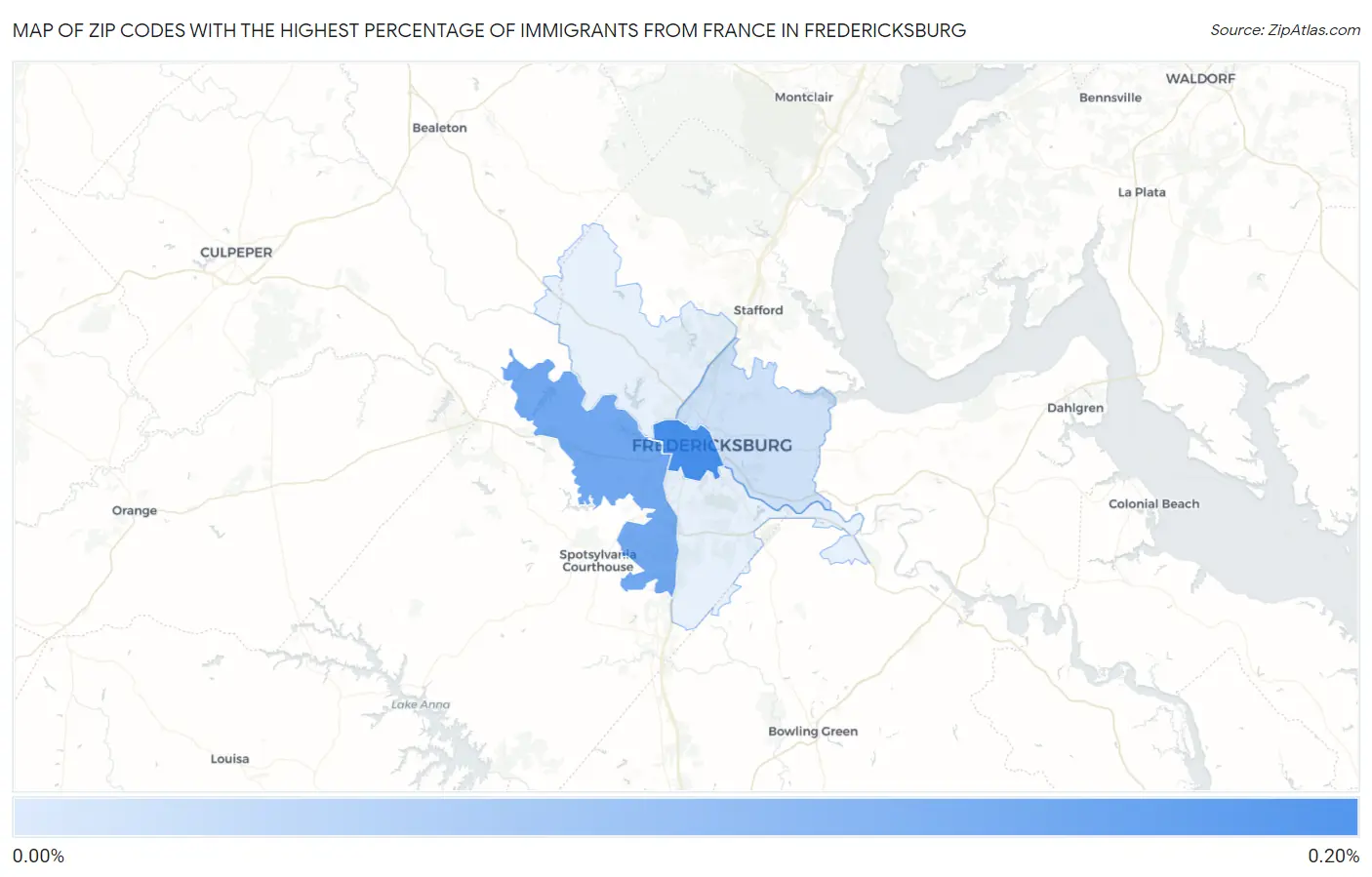 Zip Codes with the Highest Percentage of Immigrants from France in Fredericksburg Map