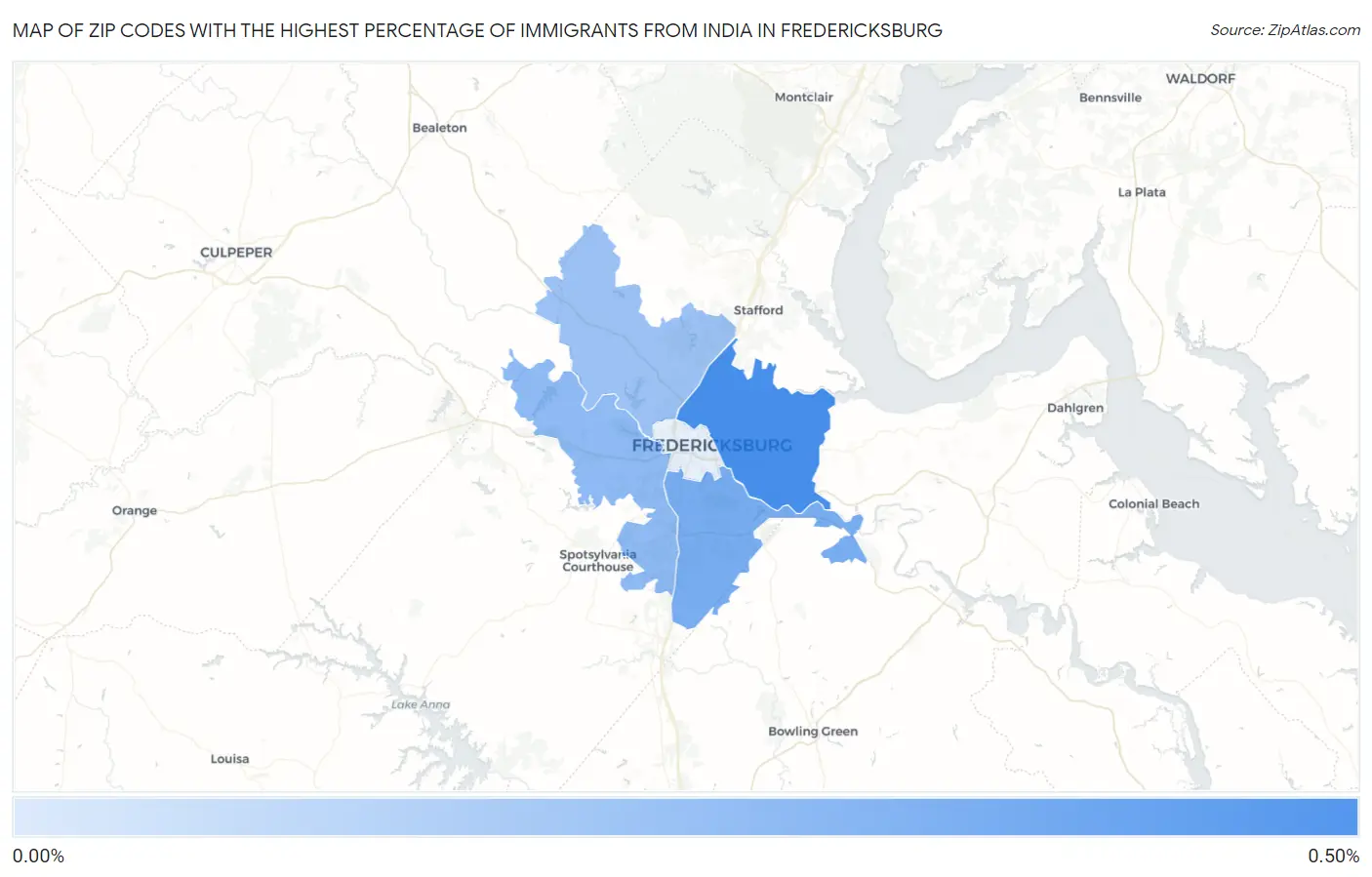 Zip Codes with the Highest Percentage of Immigrants from India in Fredericksburg Map