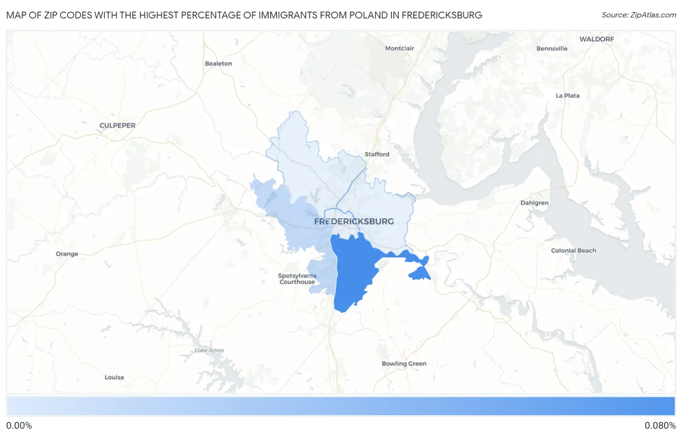 Zip Codes with the Highest Percentage of Immigrants from Poland in Fredericksburg Map