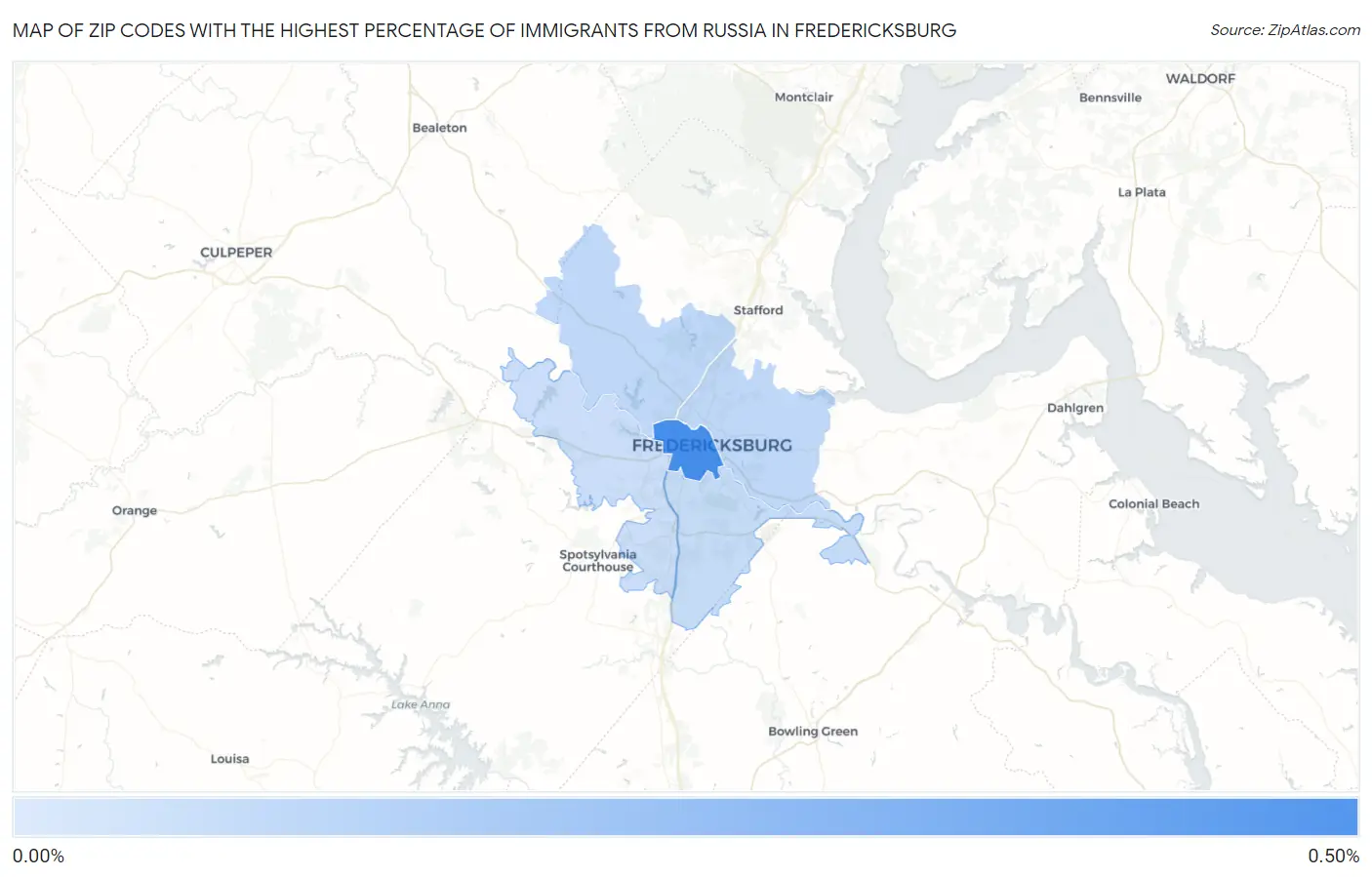Zip Codes with the Highest Percentage of Immigrants from Russia in Fredericksburg Map