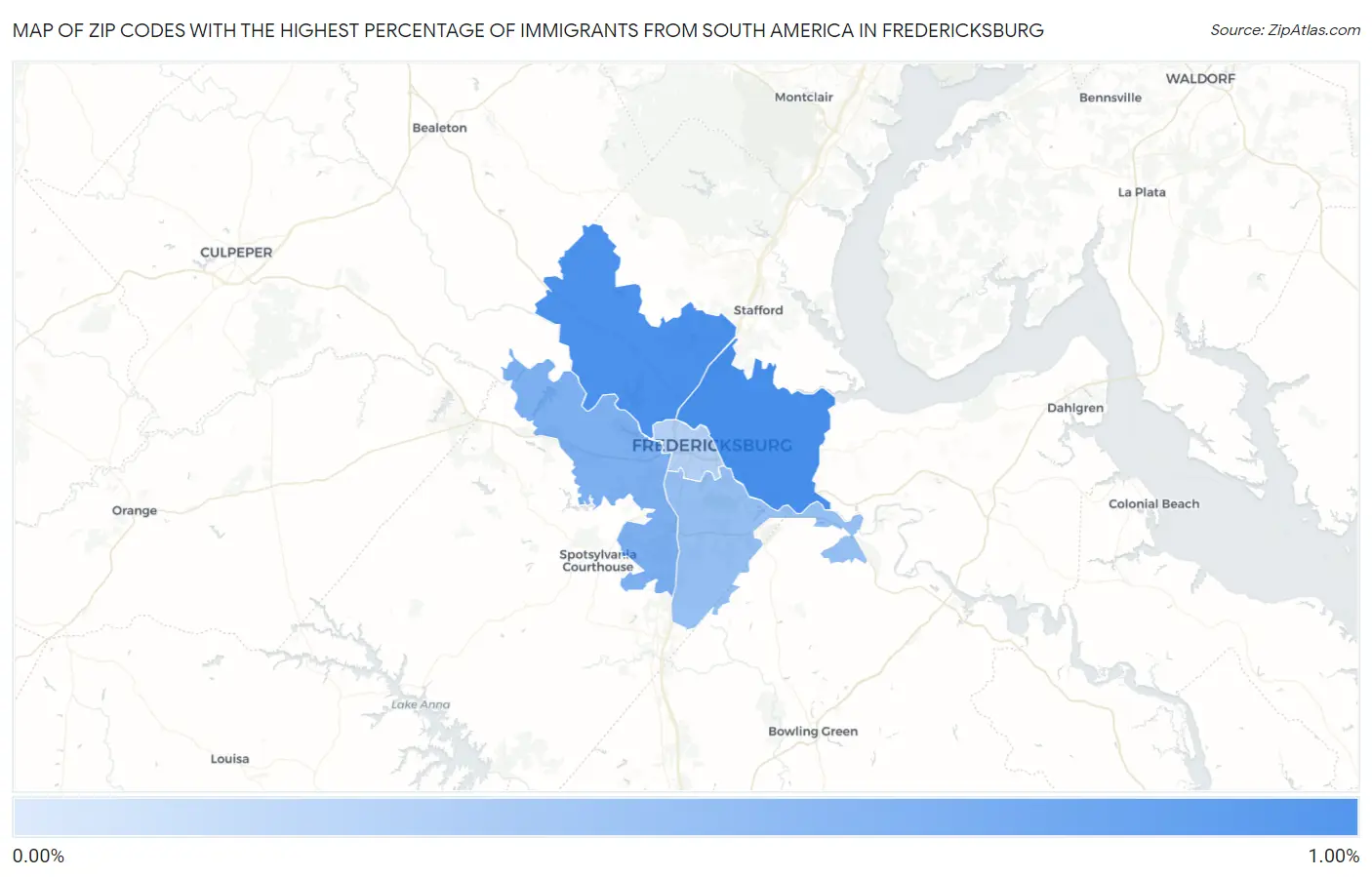 Zip Codes with the Highest Percentage of Immigrants from South America in Fredericksburg Map