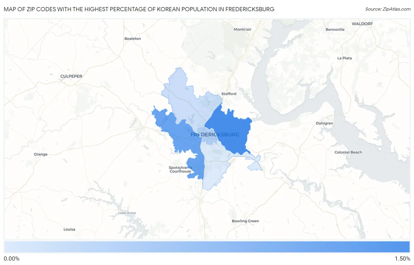 Zip Codes with the Highest Percentage of Korean Population in Fredericksburg Map