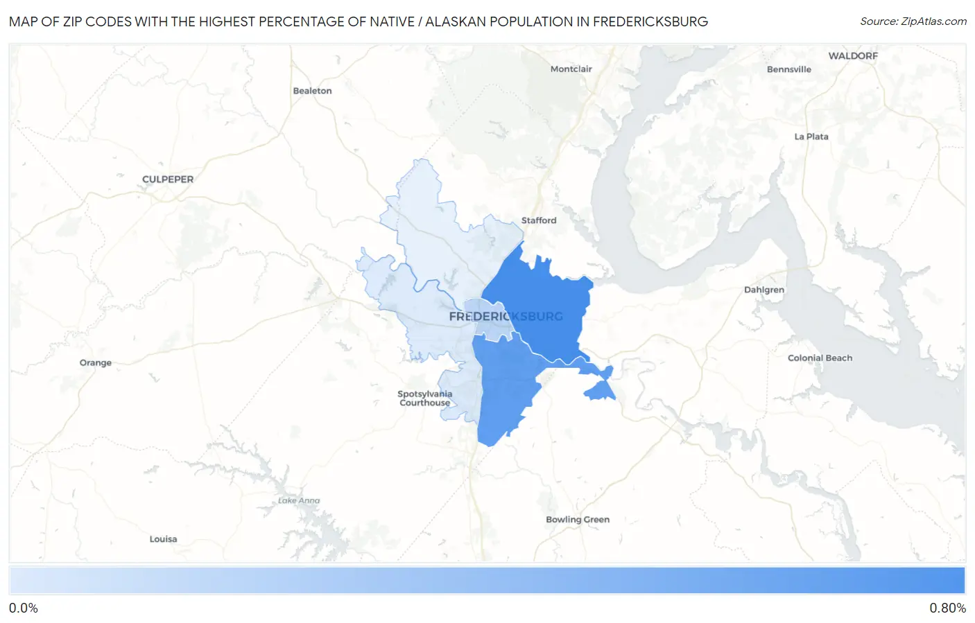 Zip Codes with the Highest Percentage of Native / Alaskan Population in Fredericksburg Map