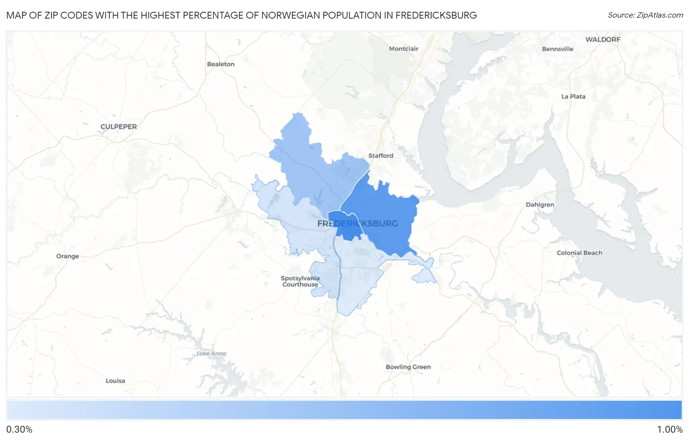 Zip Codes with the Highest Percentage of Norwegian Population in Fredericksburg Map