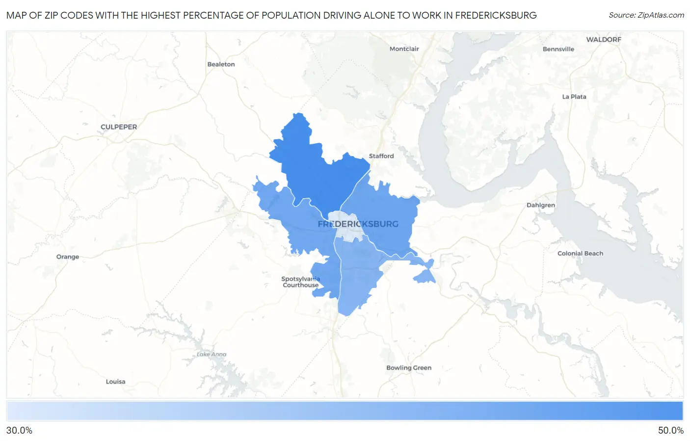 Zip Codes with the Highest Percentage of Population Driving Alone to Work in Fredericksburg Map