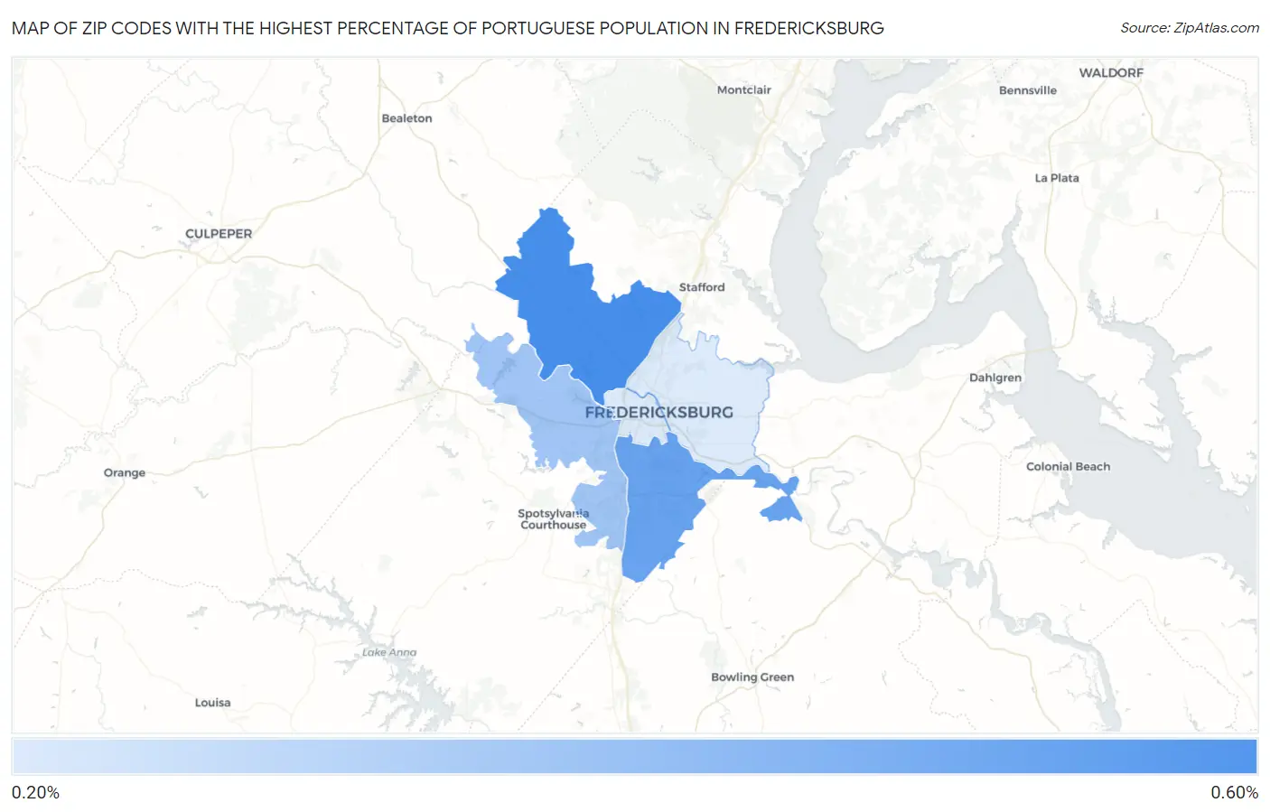 Zip Codes with the Highest Percentage of Portuguese Population in Fredericksburg Map