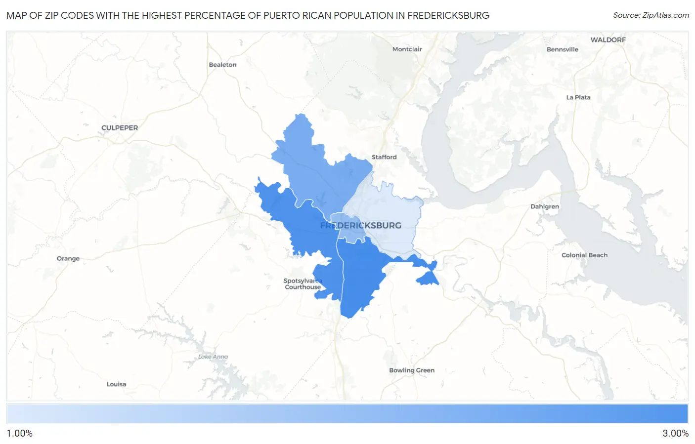 Zip Codes with the Highest Percentage of Puerto Rican Population in Fredericksburg Map