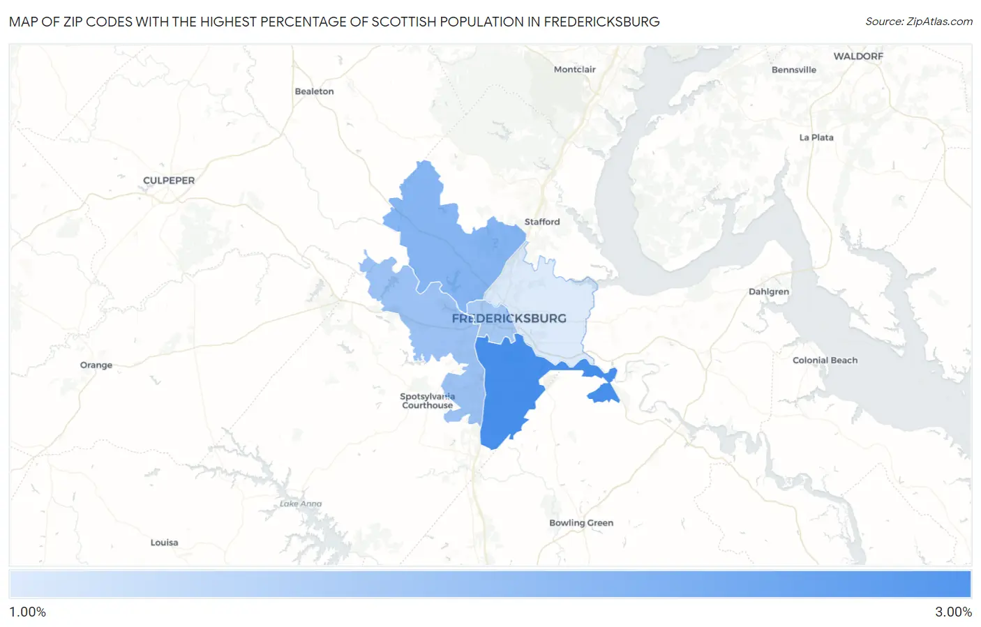 Zip Codes with the Highest Percentage of Scottish Population in Fredericksburg Map