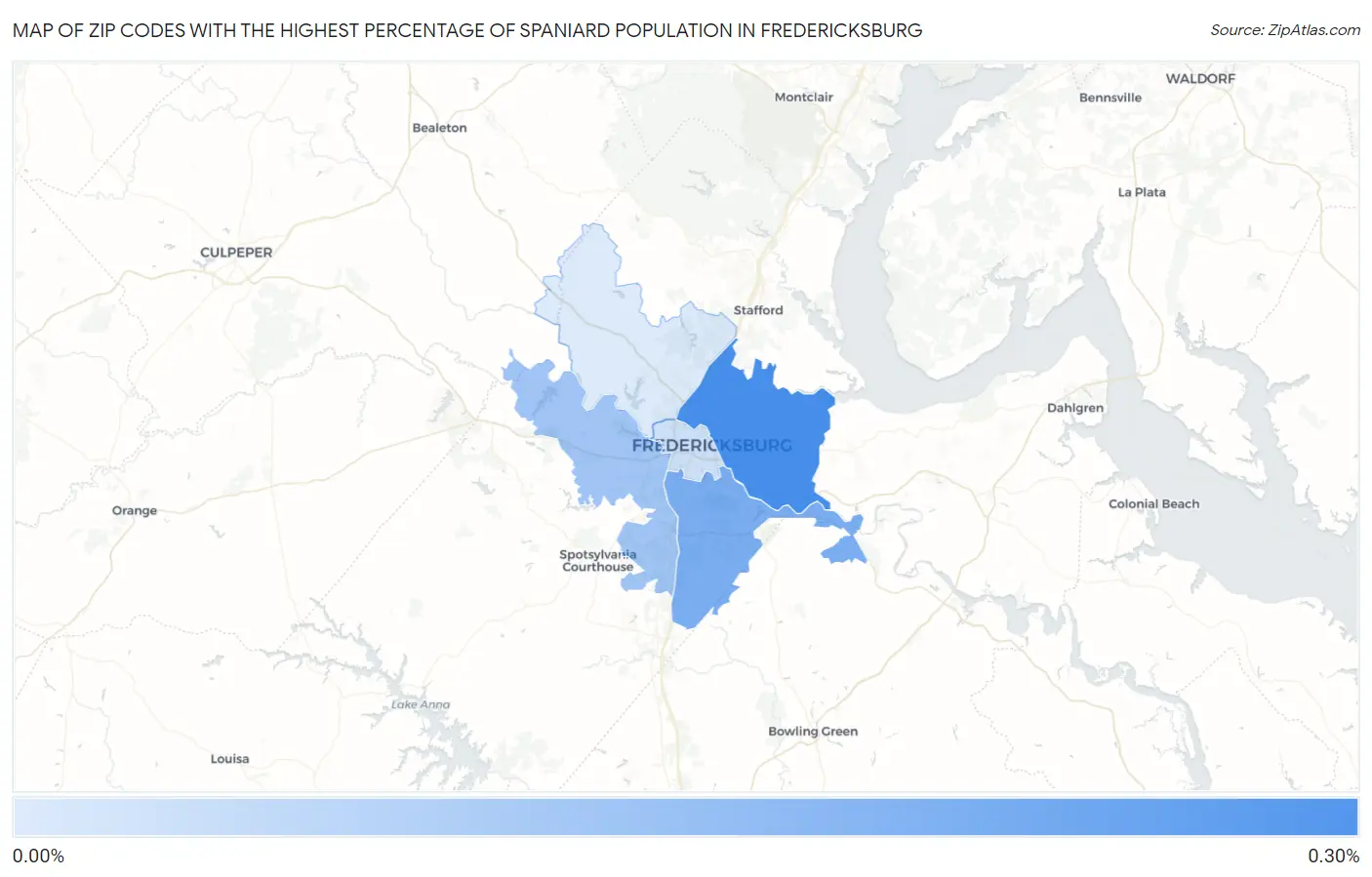 Zip Codes with the Highest Percentage of Spaniard Population in Fredericksburg Map