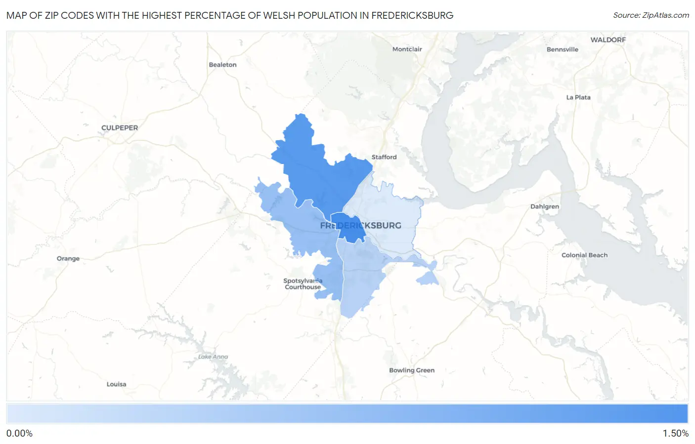 Zip Codes with the Highest Percentage of Welsh Population in Fredericksburg Map
