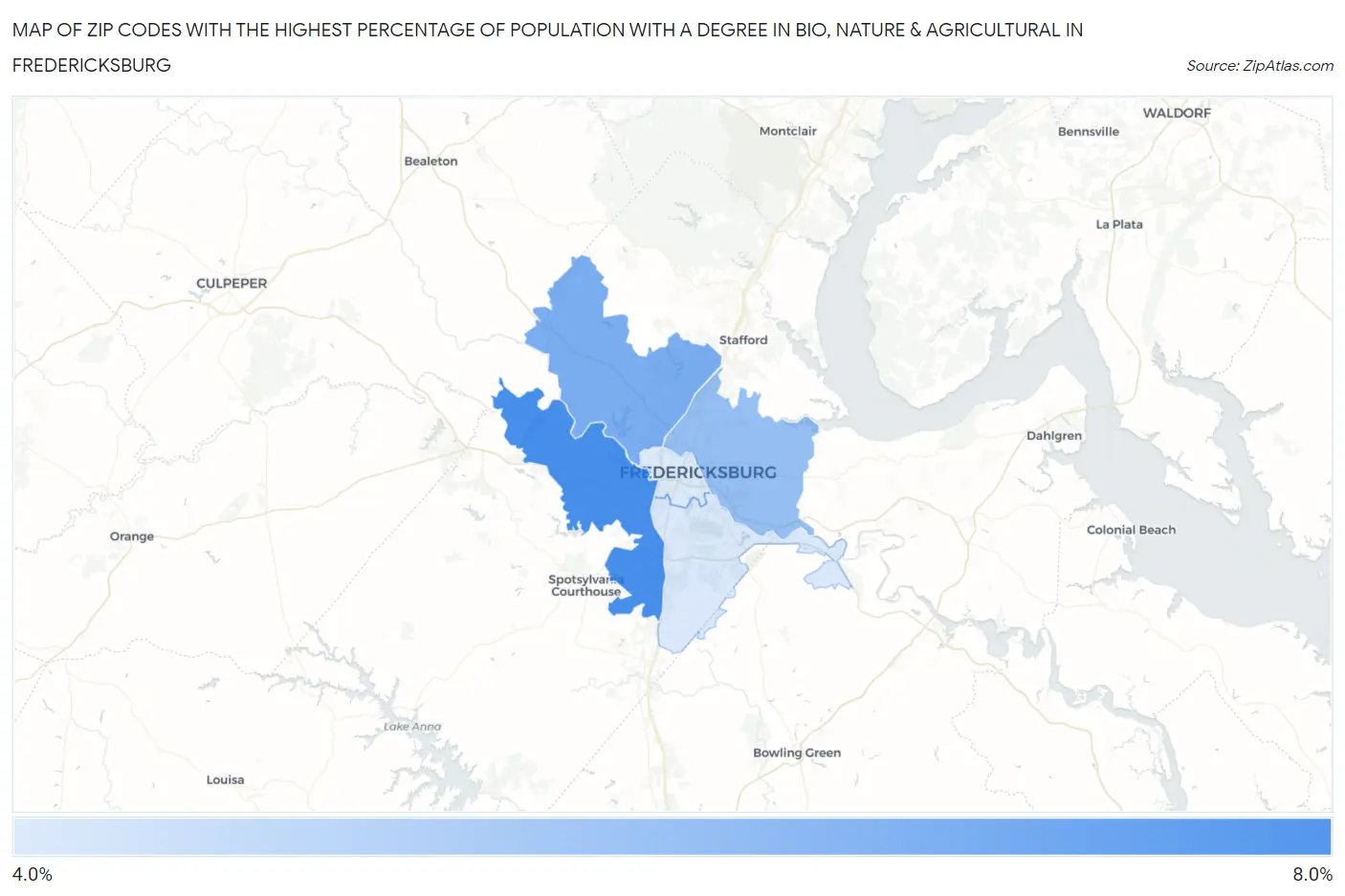 Zip Codes with the Highest Percentage of Population with a Degree in Bio, Nature & Agricultural in Fredericksburg Map
