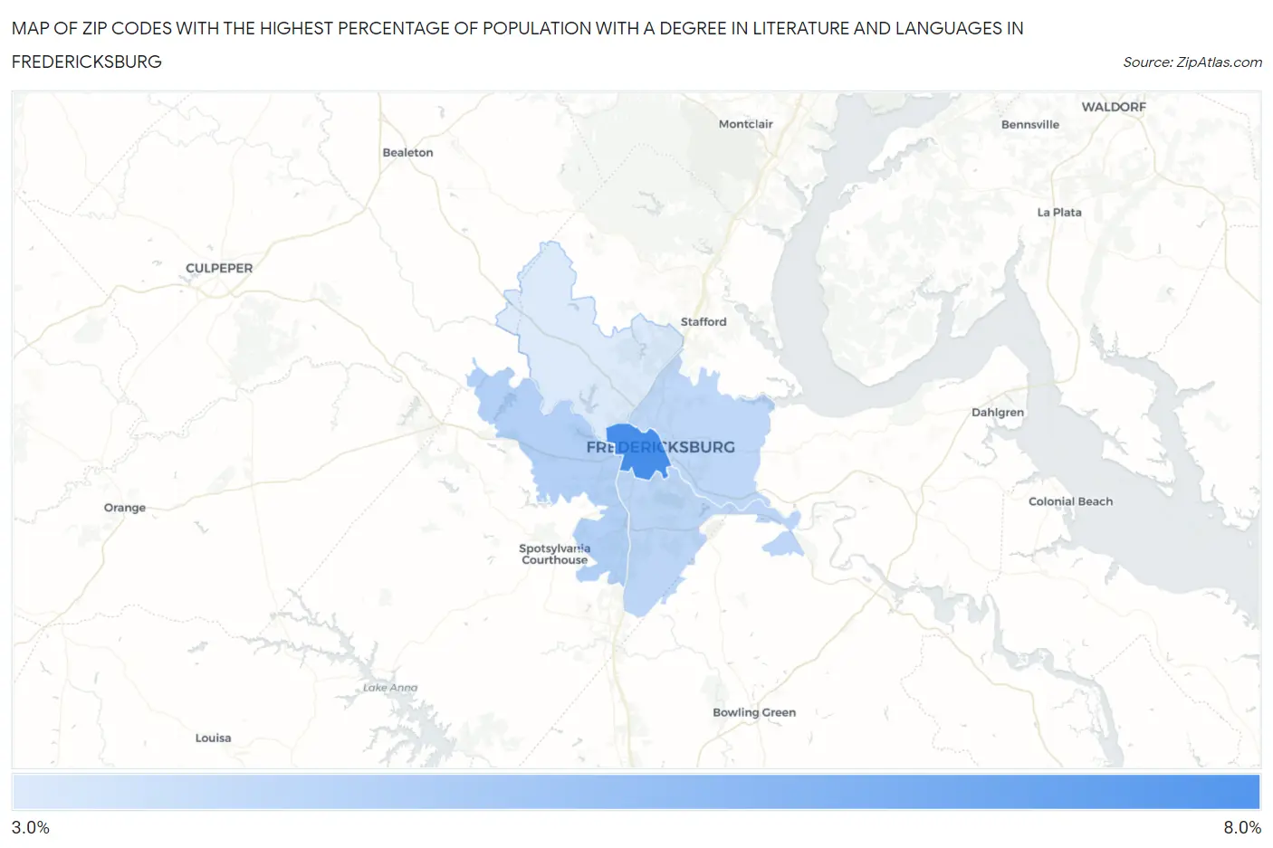 Zip Codes with the Highest Percentage of Population with a Degree in Literature and Languages in Fredericksburg Map