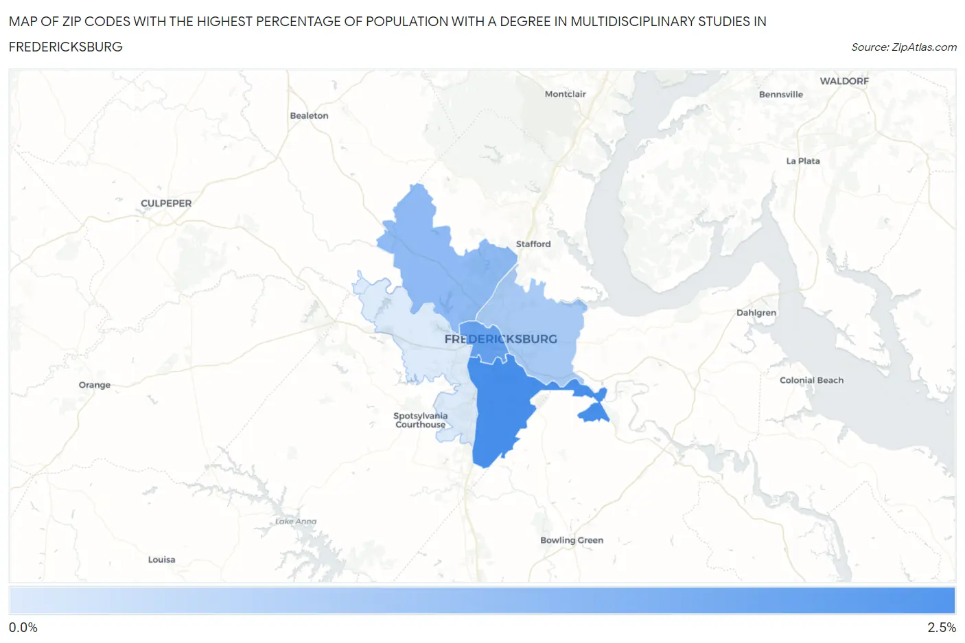 Zip Codes with the Highest Percentage of Population with a Degree in Multidisciplinary Studies in Fredericksburg Map
