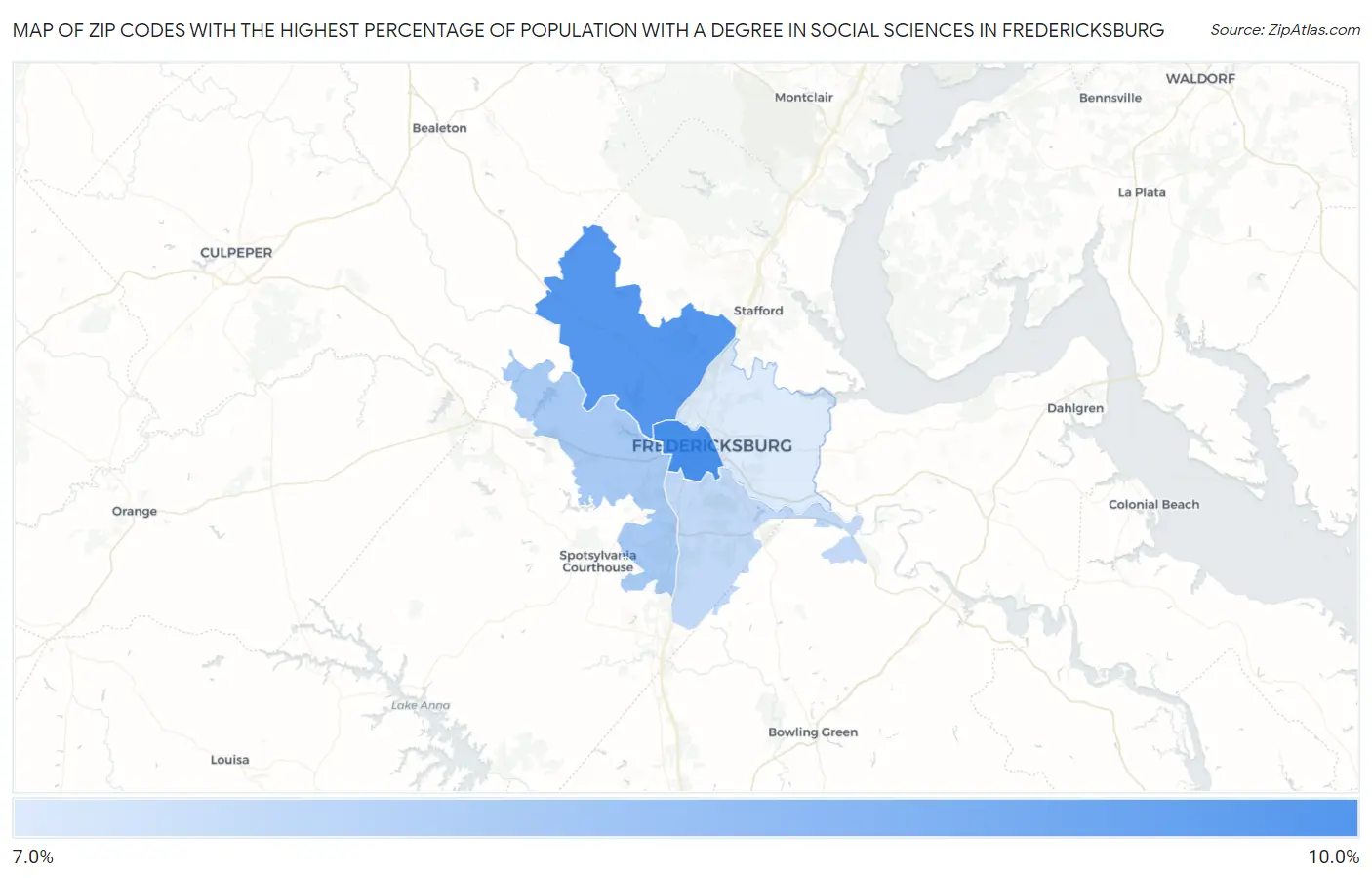 Zip Codes with the Highest Percentage of Population with a Degree in Social Sciences in Fredericksburg Map