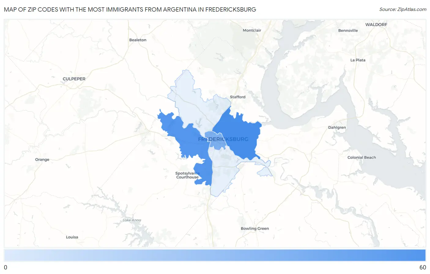 Zip Codes with the Most Immigrants from Argentina in Fredericksburg Map