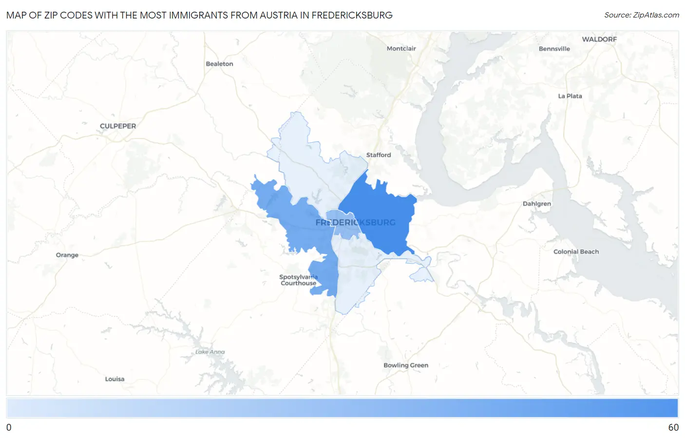 Zip Codes with the Most Immigrants from Austria in Fredericksburg Map
