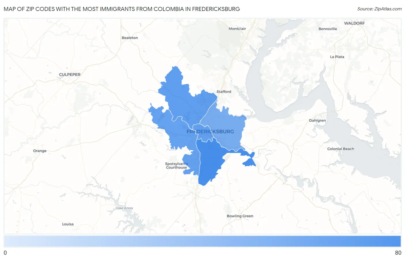 Zip Codes with the Most Immigrants from Colombia in Fredericksburg Map