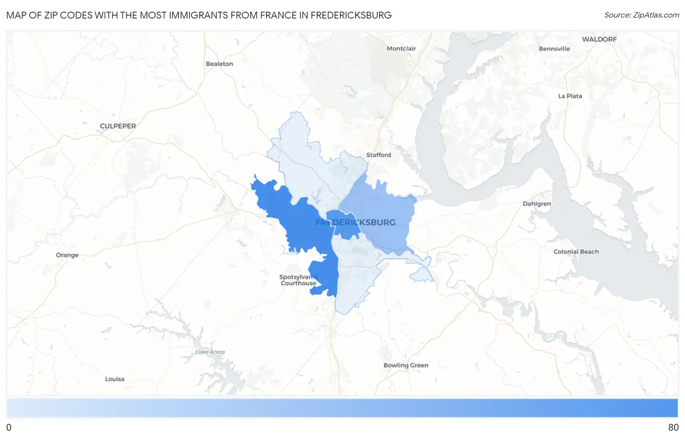 Zip Codes with the Most Immigrants from France in Fredericksburg Map