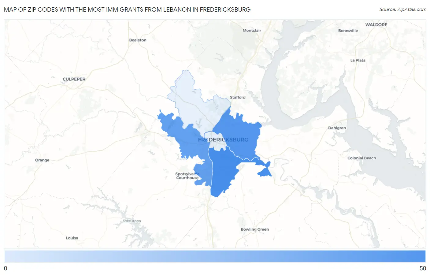 Zip Codes with the Most Immigrants from Lebanon in Fredericksburg Map