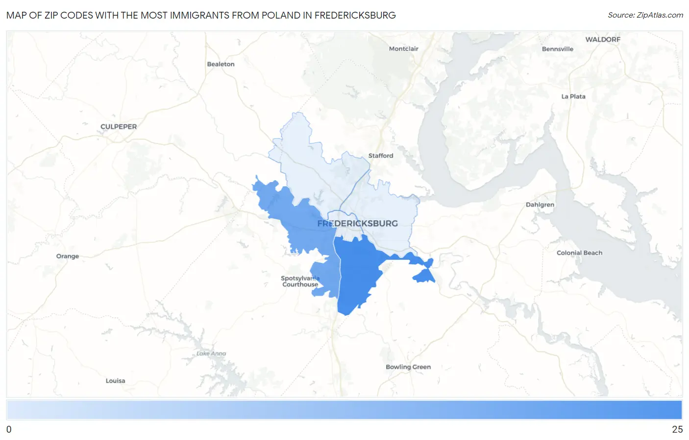 Zip Codes with the Most Immigrants from Poland in Fredericksburg Map