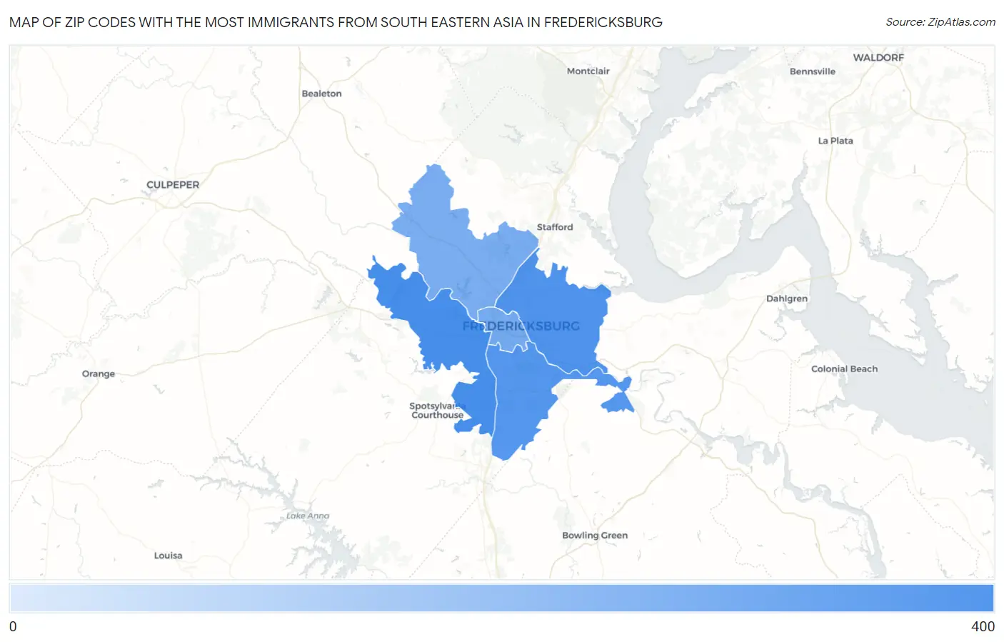 Zip Codes with the Most Immigrants from South Eastern Asia in Fredericksburg Map