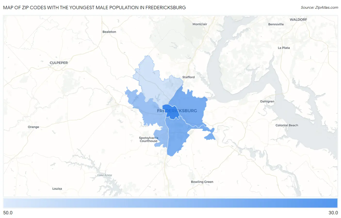 Zip Codes with the Youngest Male Population in Fredericksburg Map