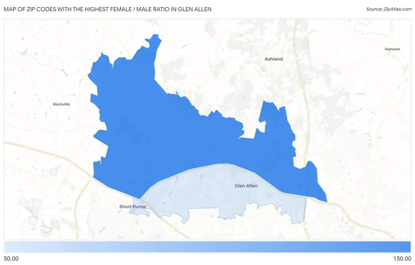 Zip Codes with the Highest Female / Male Ratio in Glen Allen Map