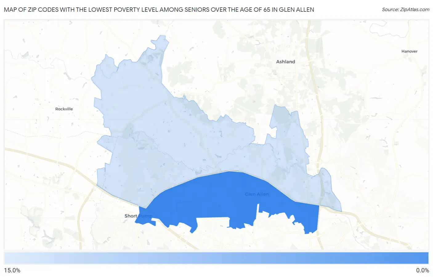 Zip Codes with the Lowest Poverty Level Among Seniors Over the Age of 65 in Glen Allen Map