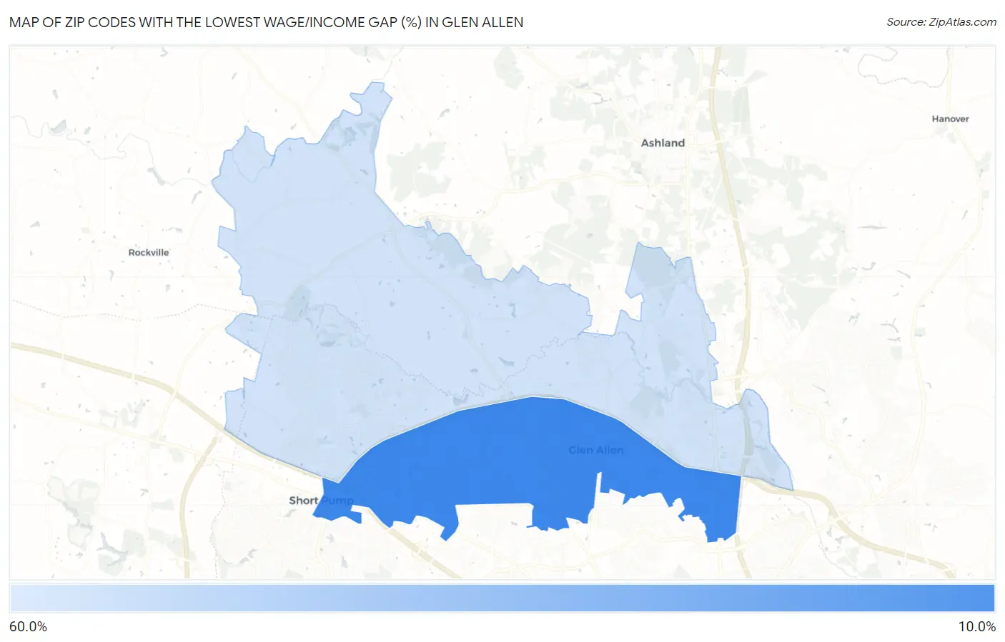 Zip Codes with the Lowest Wage/Income Gap (%) in Glen Allen Map