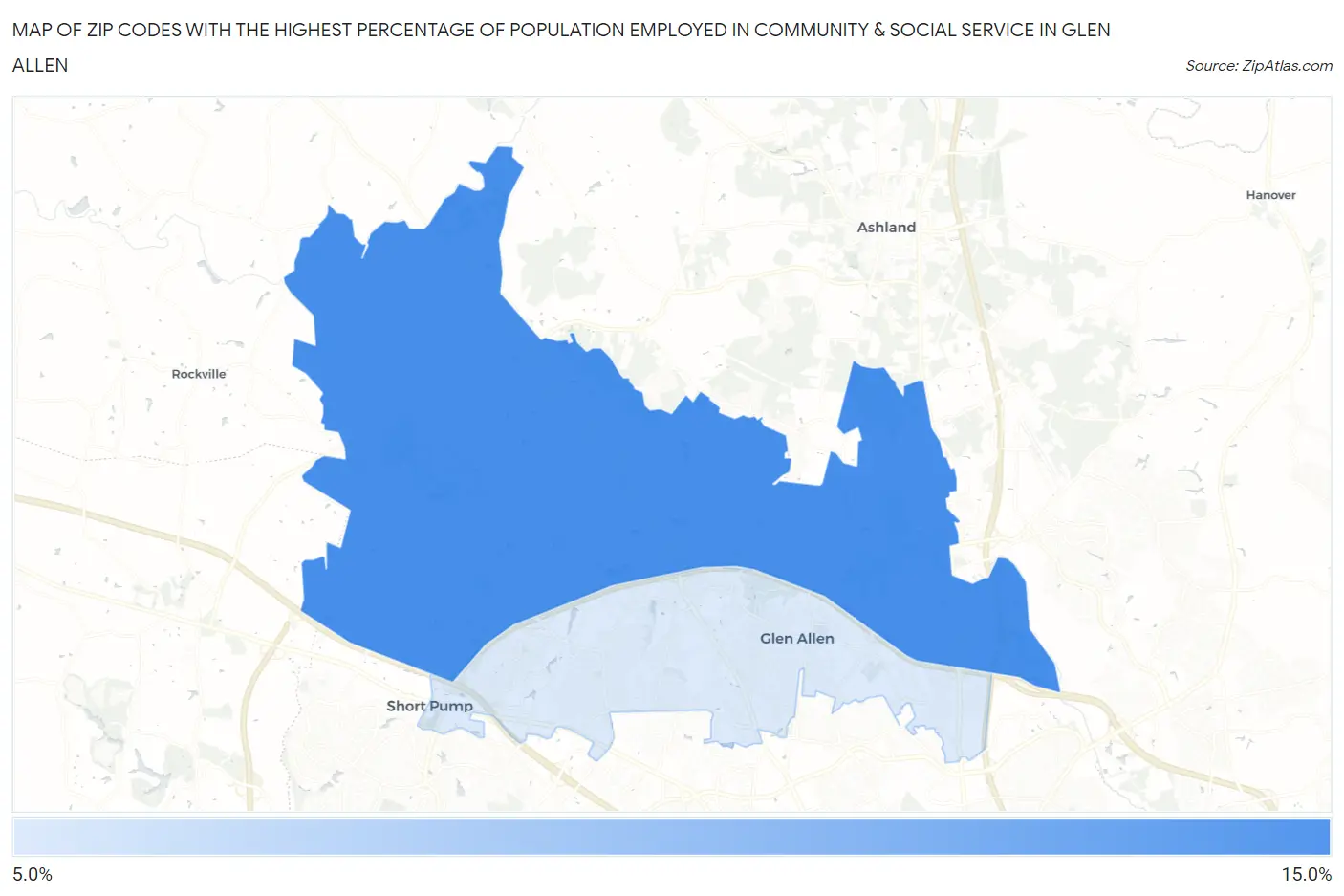 Zip Codes with the Highest Percentage of Population Employed in Community & Social Service  in Glen Allen Map