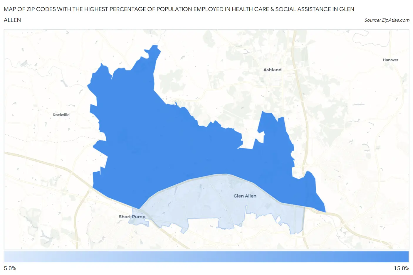 Zip Codes with the Highest Percentage of Population Employed in Health Care & Social Assistance in Glen Allen Map