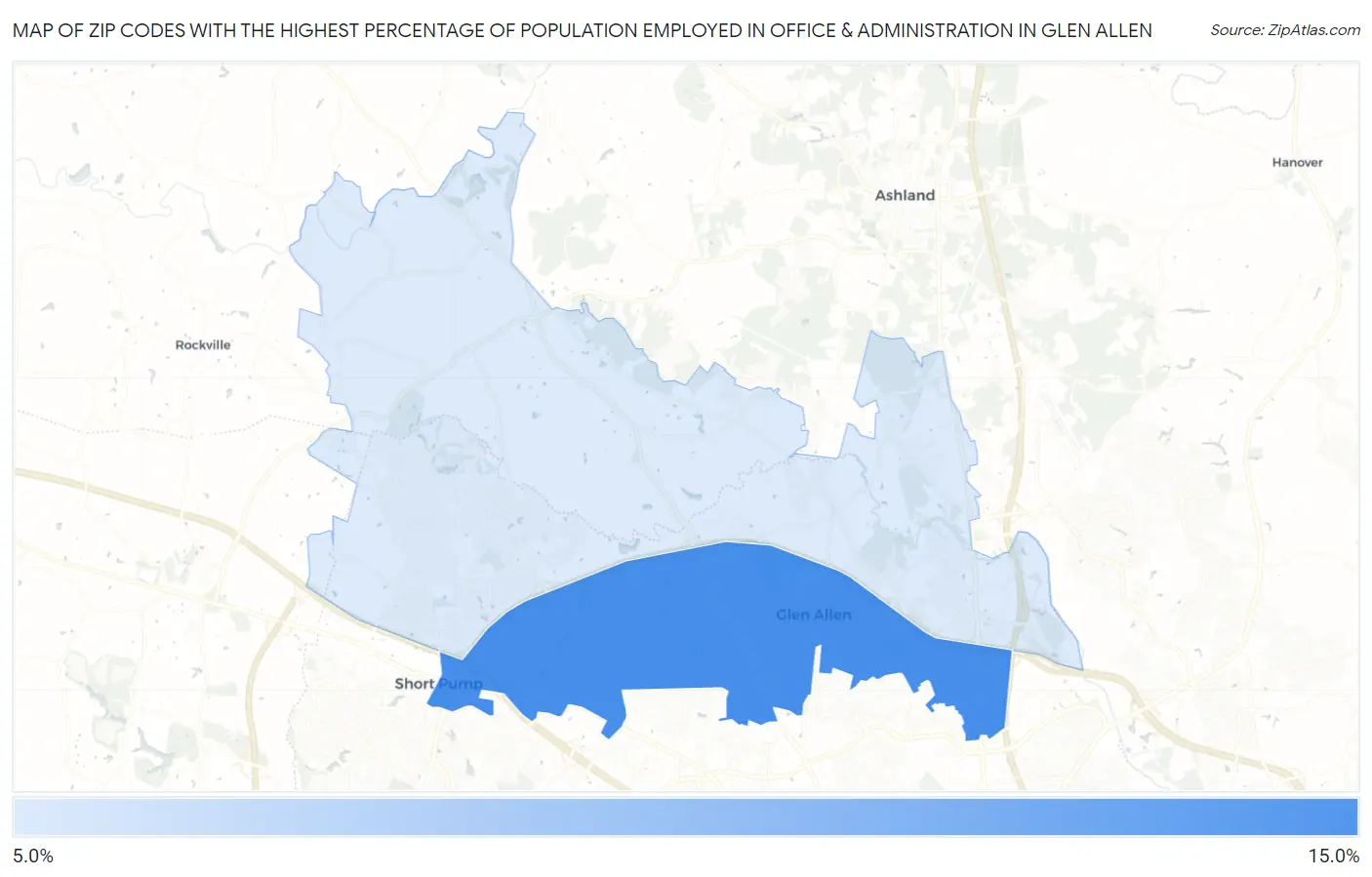 Zip Codes with the Highest Percentage of Population Employed in Office & Administration in Glen Allen Map