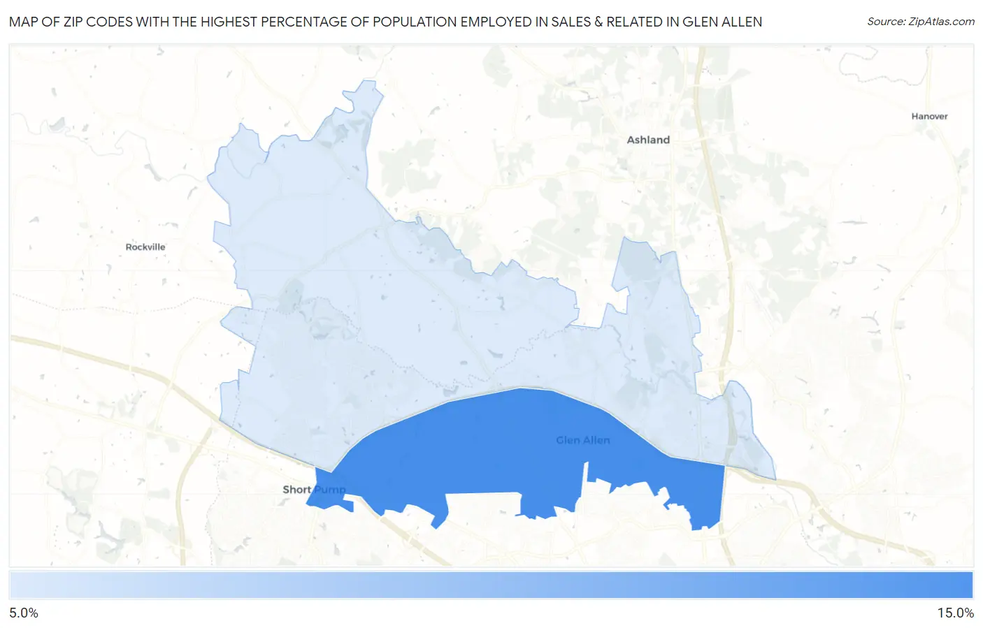Zip Codes with the Highest Percentage of Population Employed in Sales & Related in Glen Allen Map
