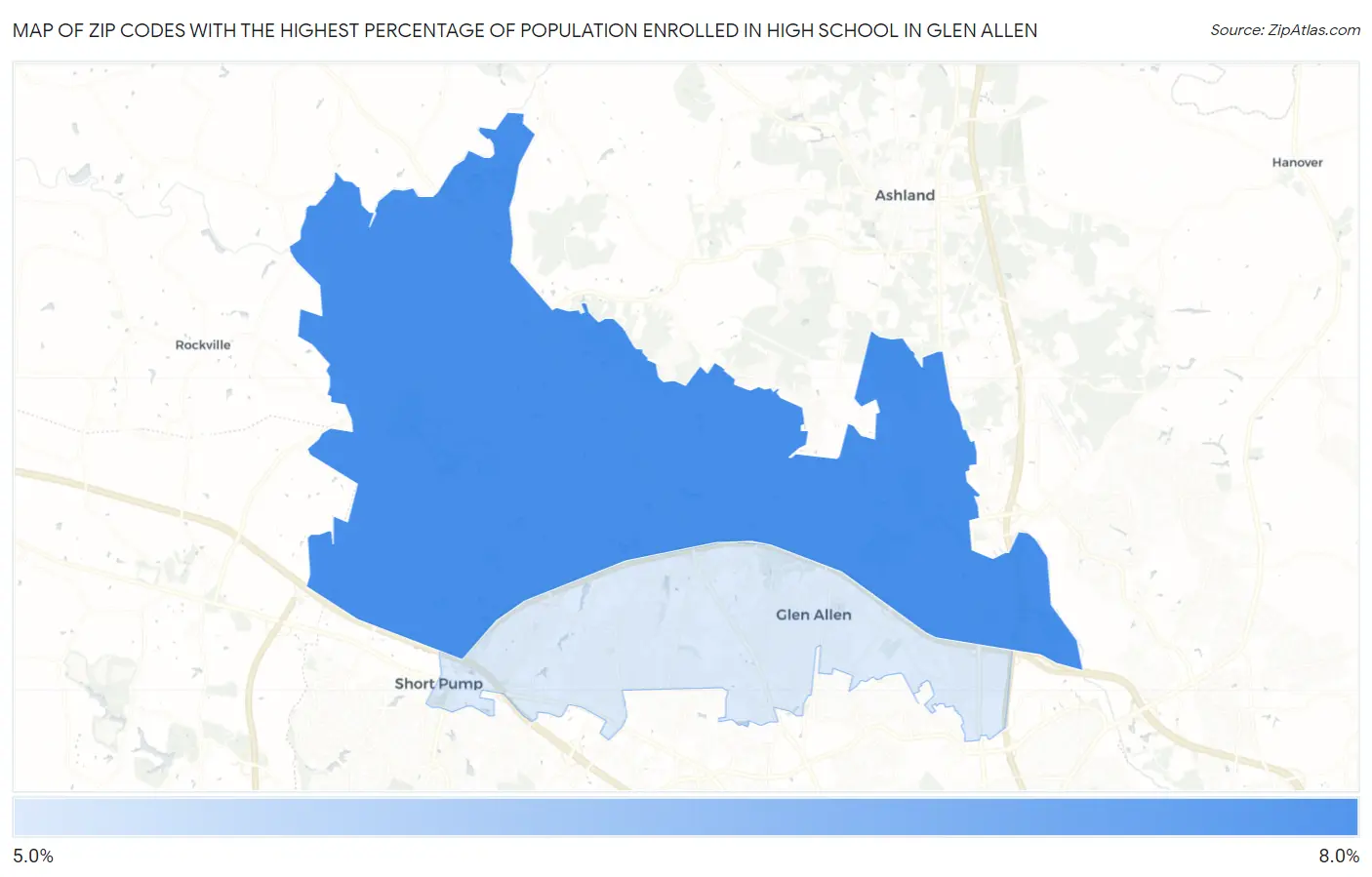 Zip Codes with the Highest Percentage of Population Enrolled in High School in Glen Allen Map