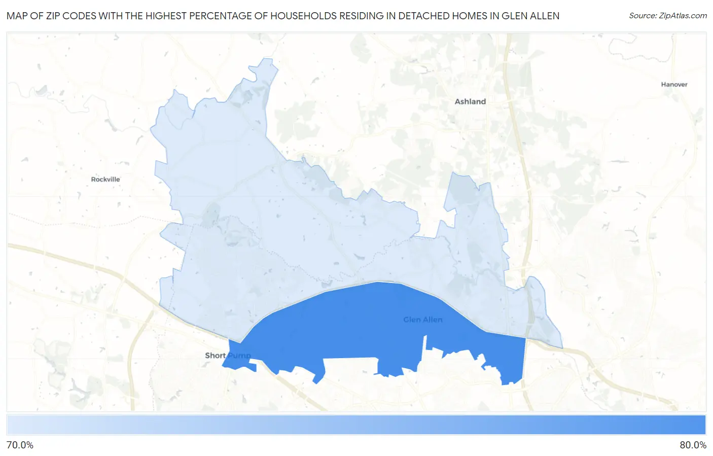 Zip Codes with the Highest Percentage of Households Residing in Detached Homes in Glen Allen Map
