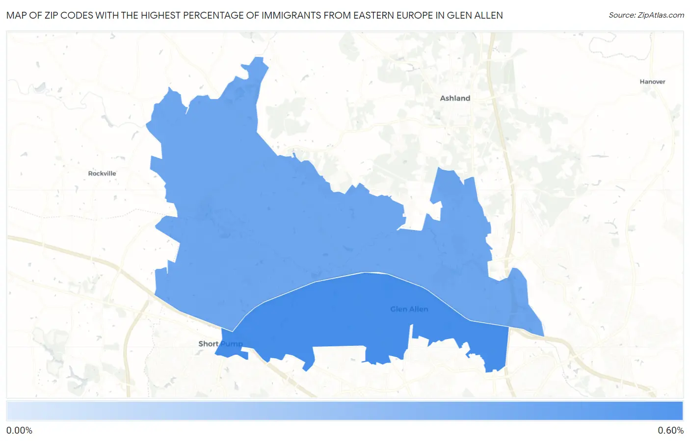 Zip Codes with the Highest Percentage of Immigrants from Eastern Europe in Glen Allen Map