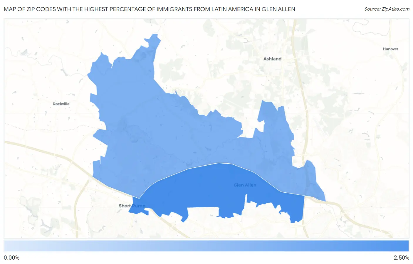 Zip Codes with the Highest Percentage of Immigrants from Latin America in Glen Allen Map