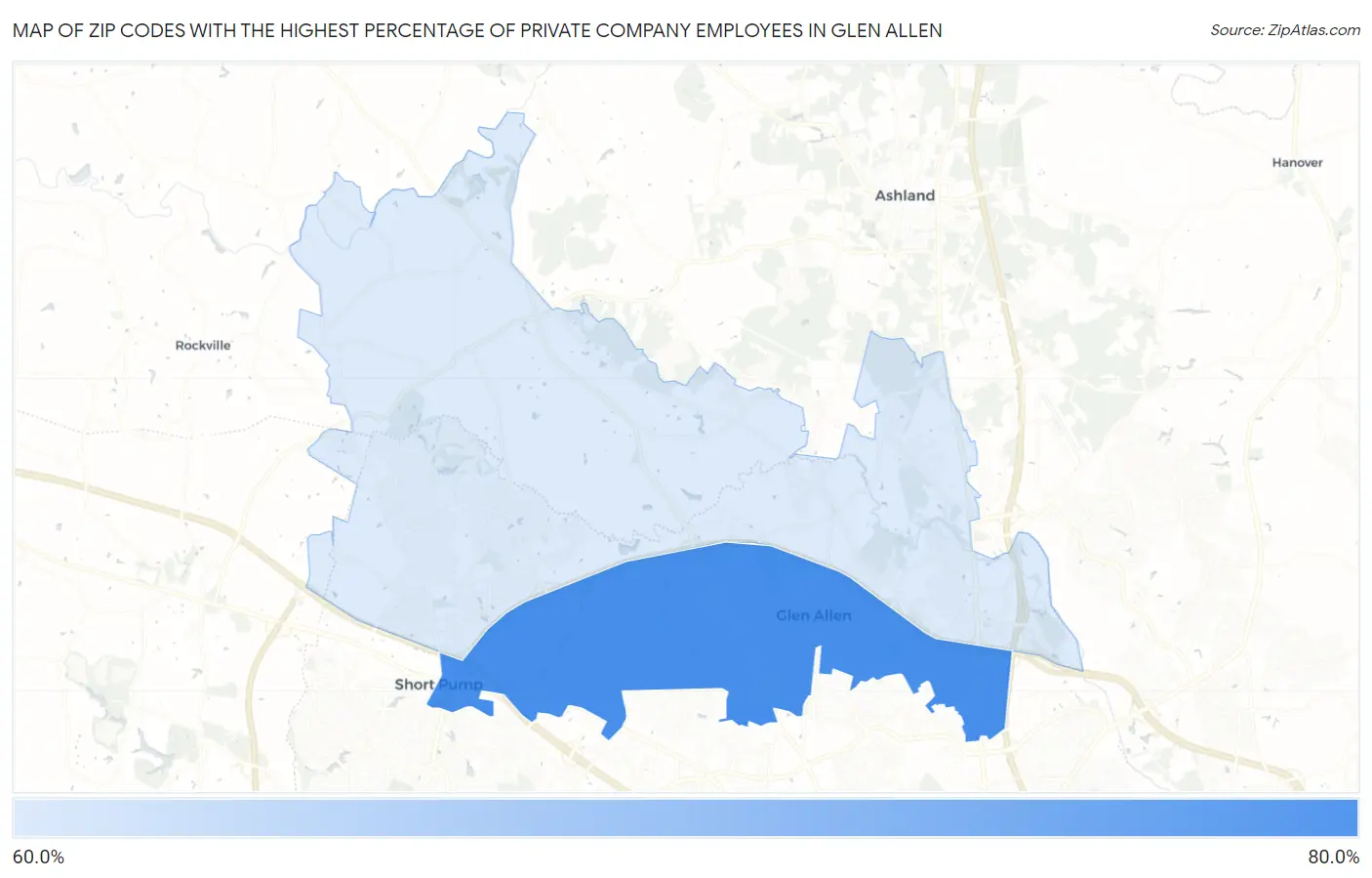 Zip Codes with the Highest Percentage of Private Company Employees in Glen Allen Map