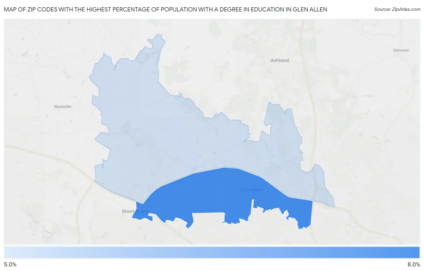 Zip Codes with the Highest Percentage of Population with a Degree in Education in Glen Allen Map