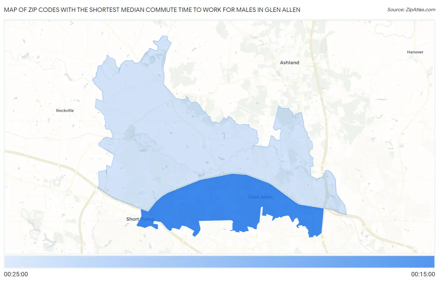 Zip Codes with the Shortest Median Commute Time to Work for Males in Glen Allen Map