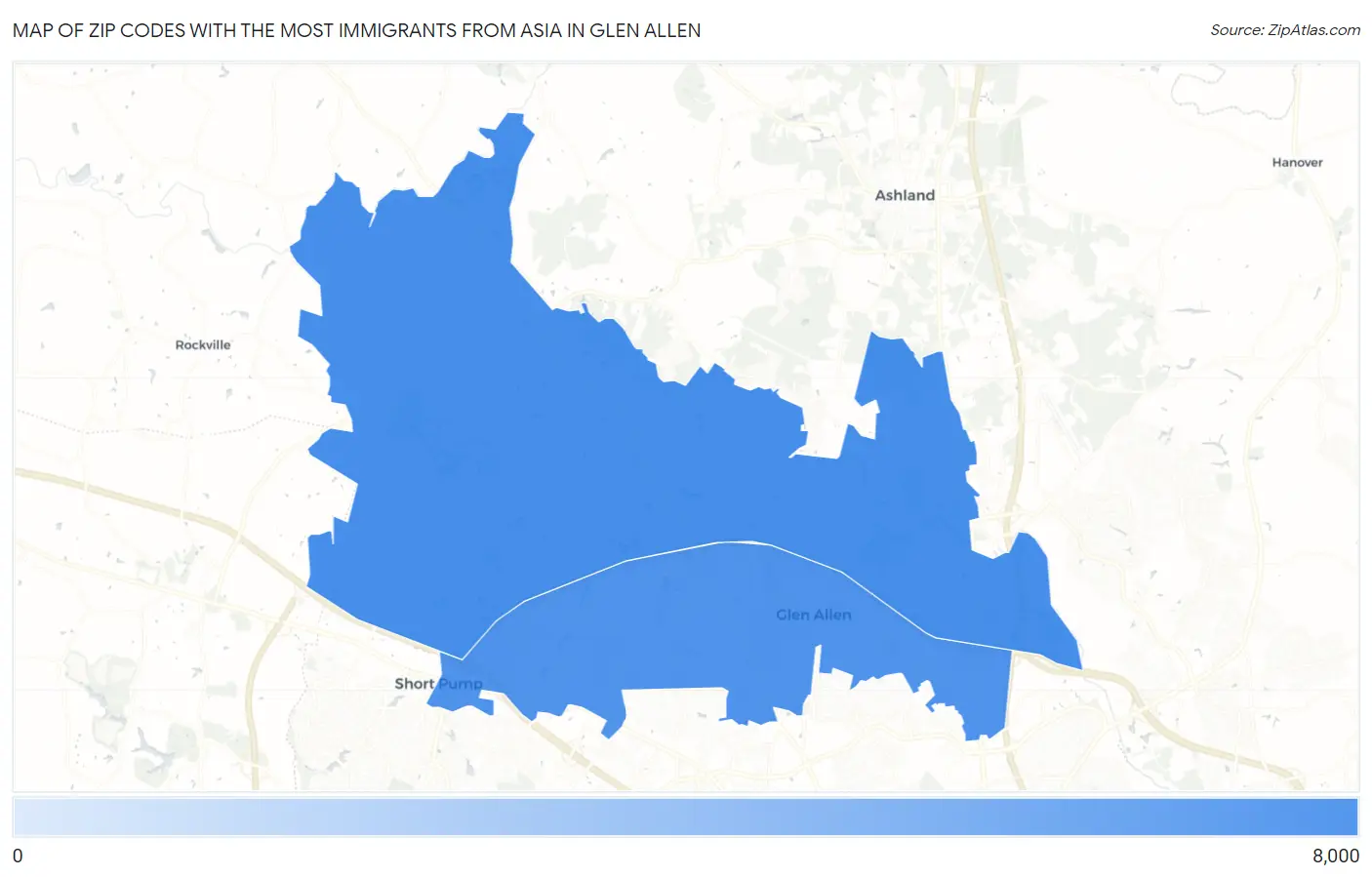 Zip Codes with the Most Immigrants from Asia in Glen Allen Map