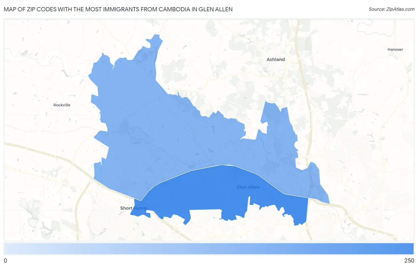 Zip Codes with the Most Immigrants from Cambodia in Glen Allen Map