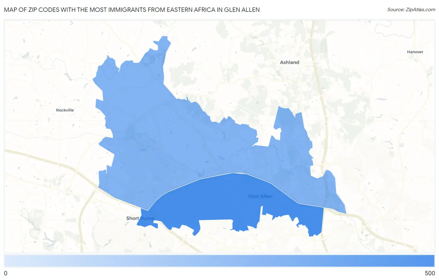 Zip Codes with the Most Immigrants from Eastern Africa in Glen Allen Map