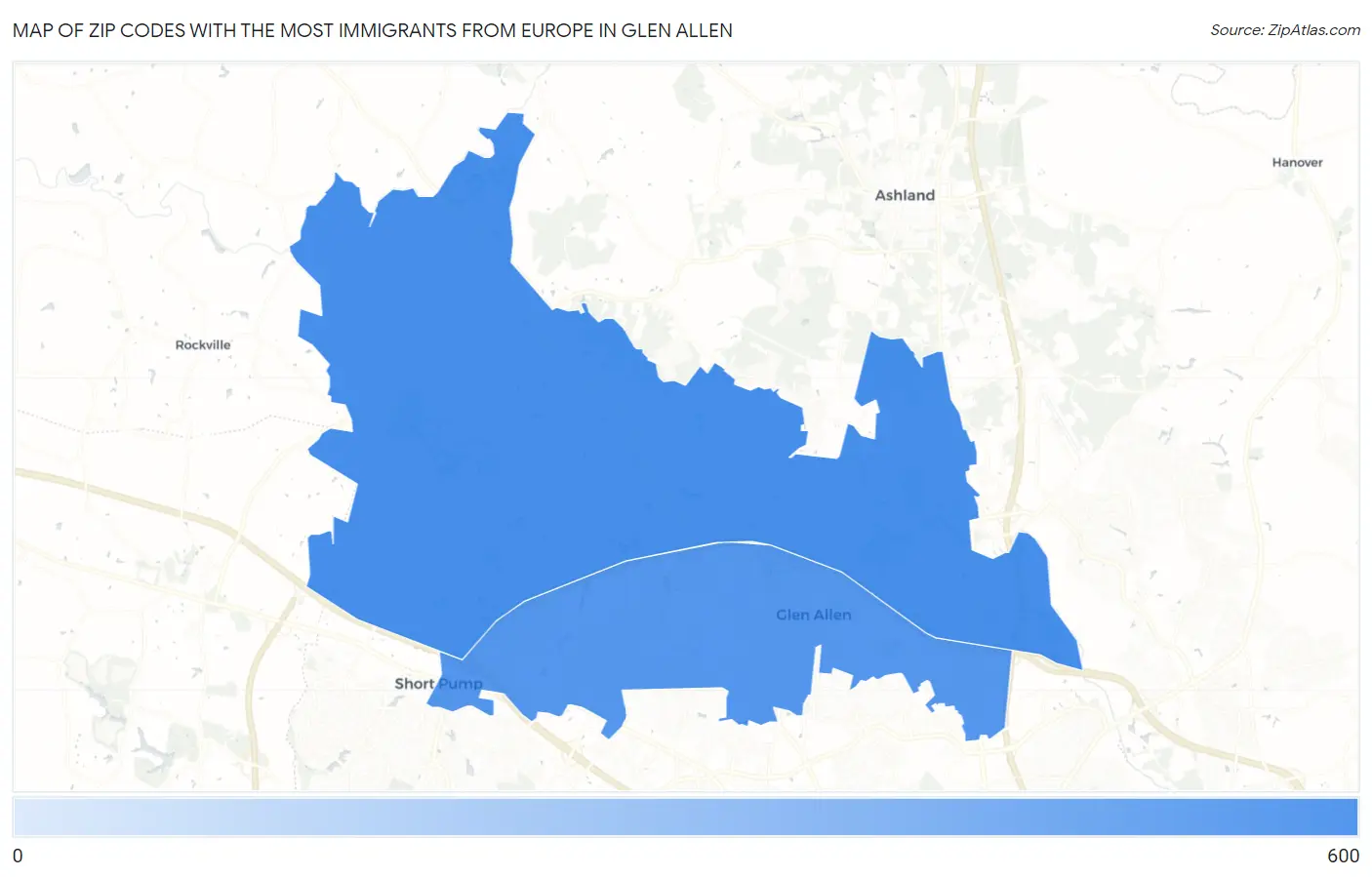 Zip Codes with the Most Immigrants from Europe in Glen Allen Map