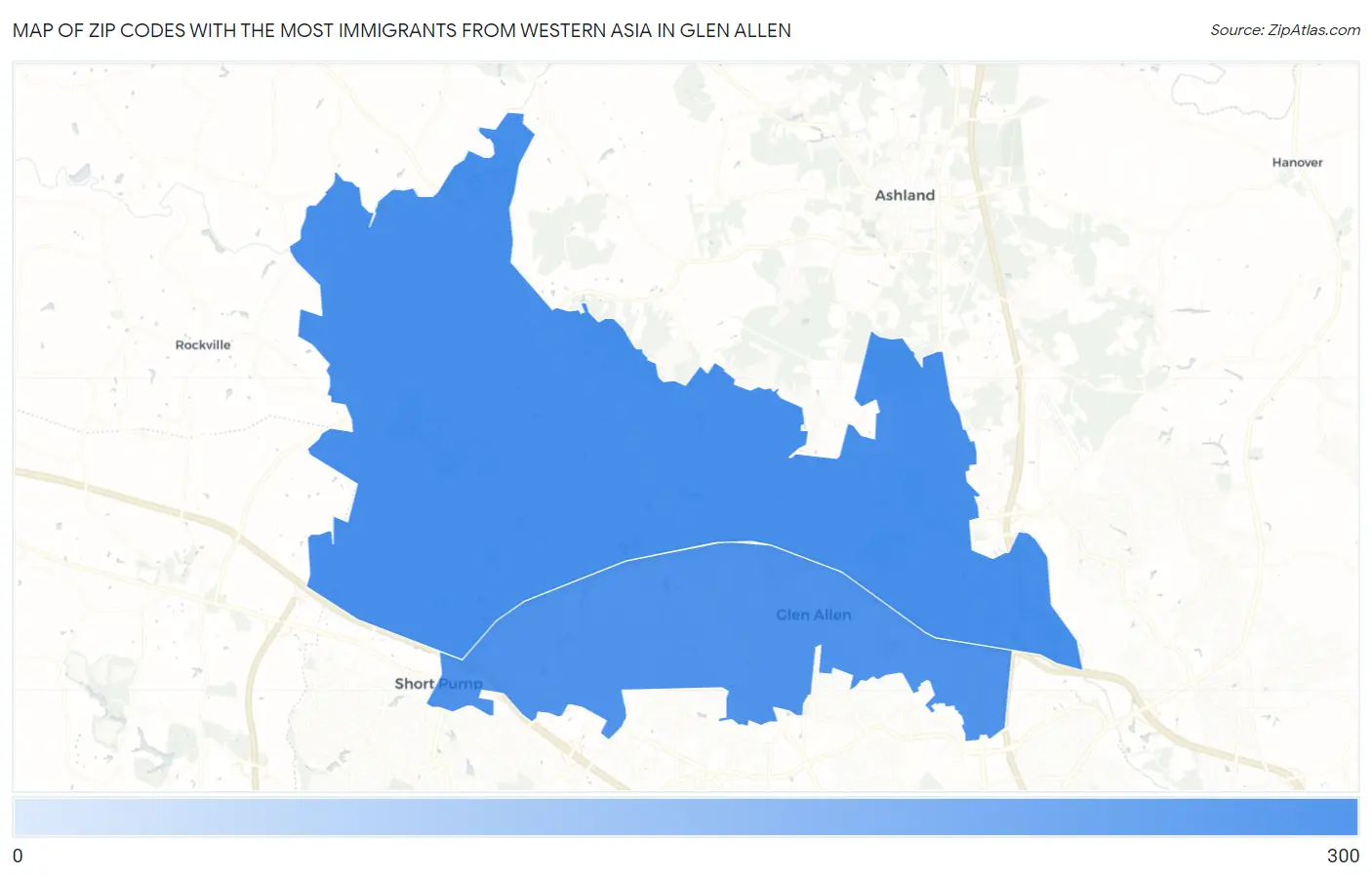 Zip Codes with the Most Immigrants from Western Asia in Glen Allen Map