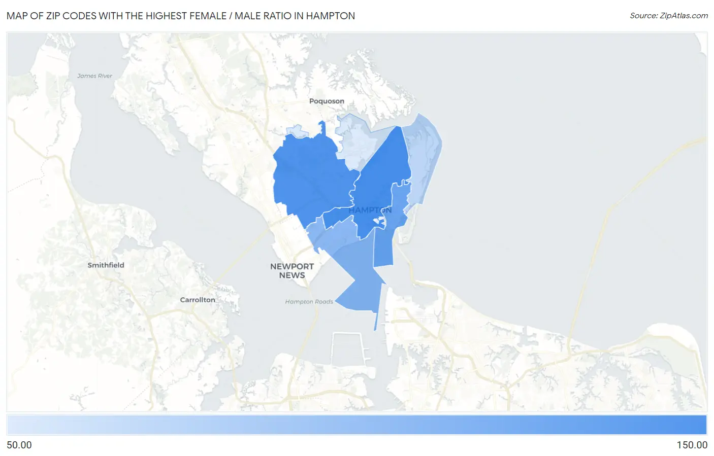 Zip Codes with the Highest Female / Male Ratio in Hampton Map